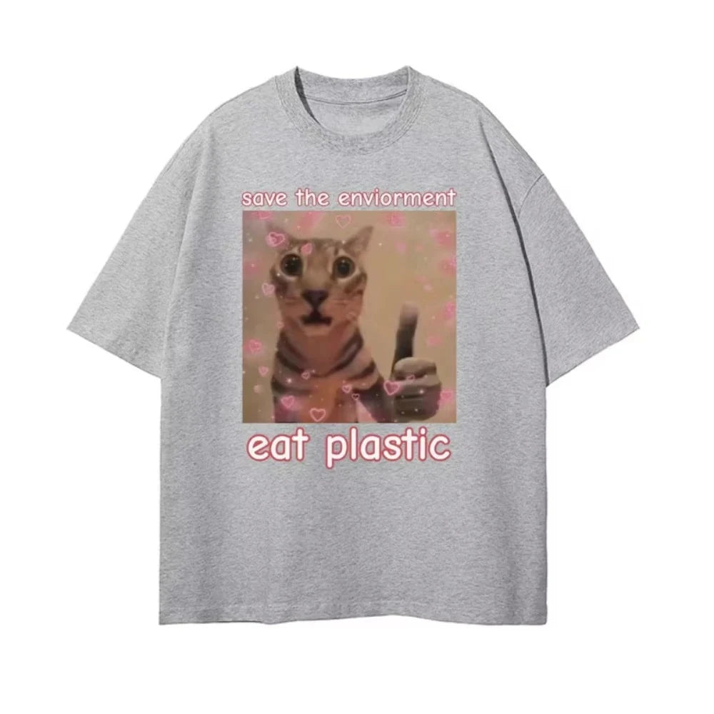 Funny Save The Environment Eat Plastic Cat Meme-Unisex