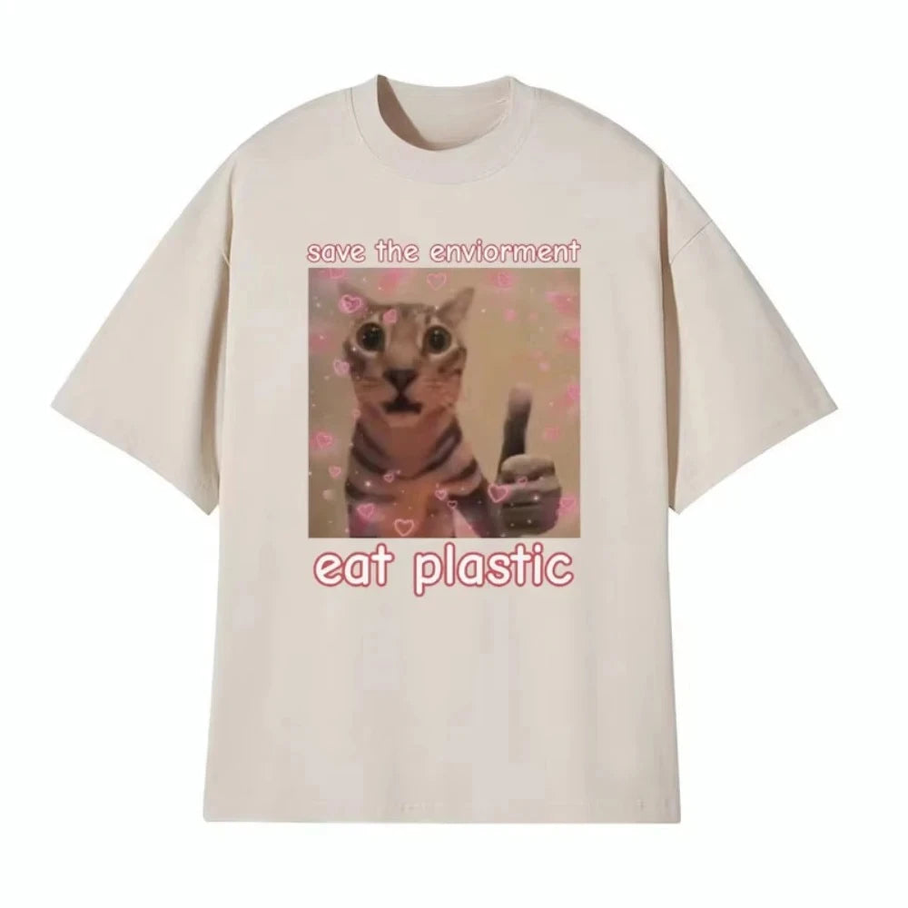 Funny Save The Environment Eat Plastic Cat Meme-Unisex